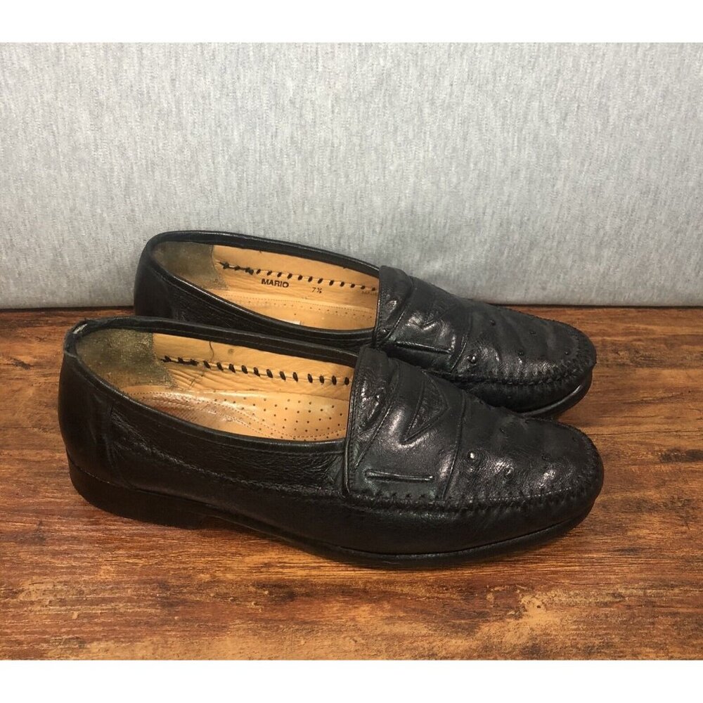 Mezlan Mario Ostrich Soft Black Leather Slip On‎ Loafers Men Size 7.5 M